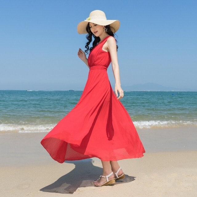 サマードレスノースリーブフレアａラインハイウエストフリルミモレ丈ロング丈白いワンピースｖネック