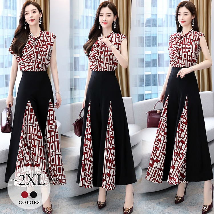 ファッション ママ 個性的 モード感 ロング丈 パンツスーツ 柄 総柄 ワイン パンツドレス 半袖 大人女子 ナチュラル ブラック スーツセット お洒落 イベント レディース 夏
