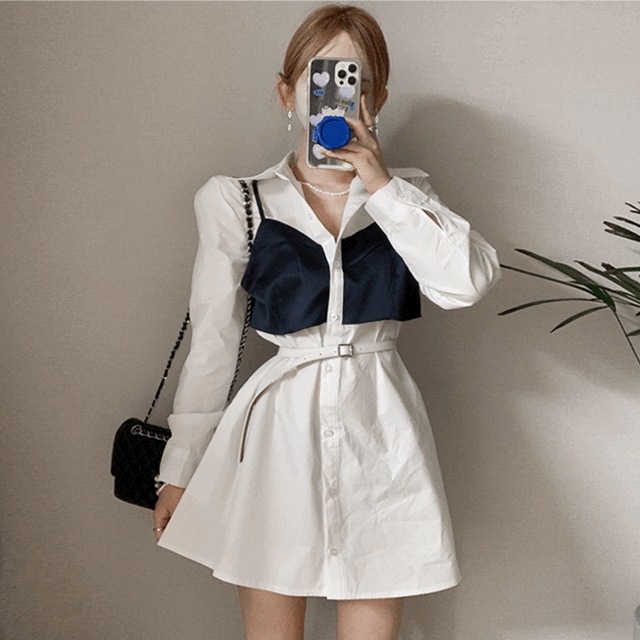 [高級感/フィットきれい] Vネック 紐袖なし ビスチェ 配色 パフ バルーン ベルト シャツ ミニ ワンピース/結婚式ルック年末ルック