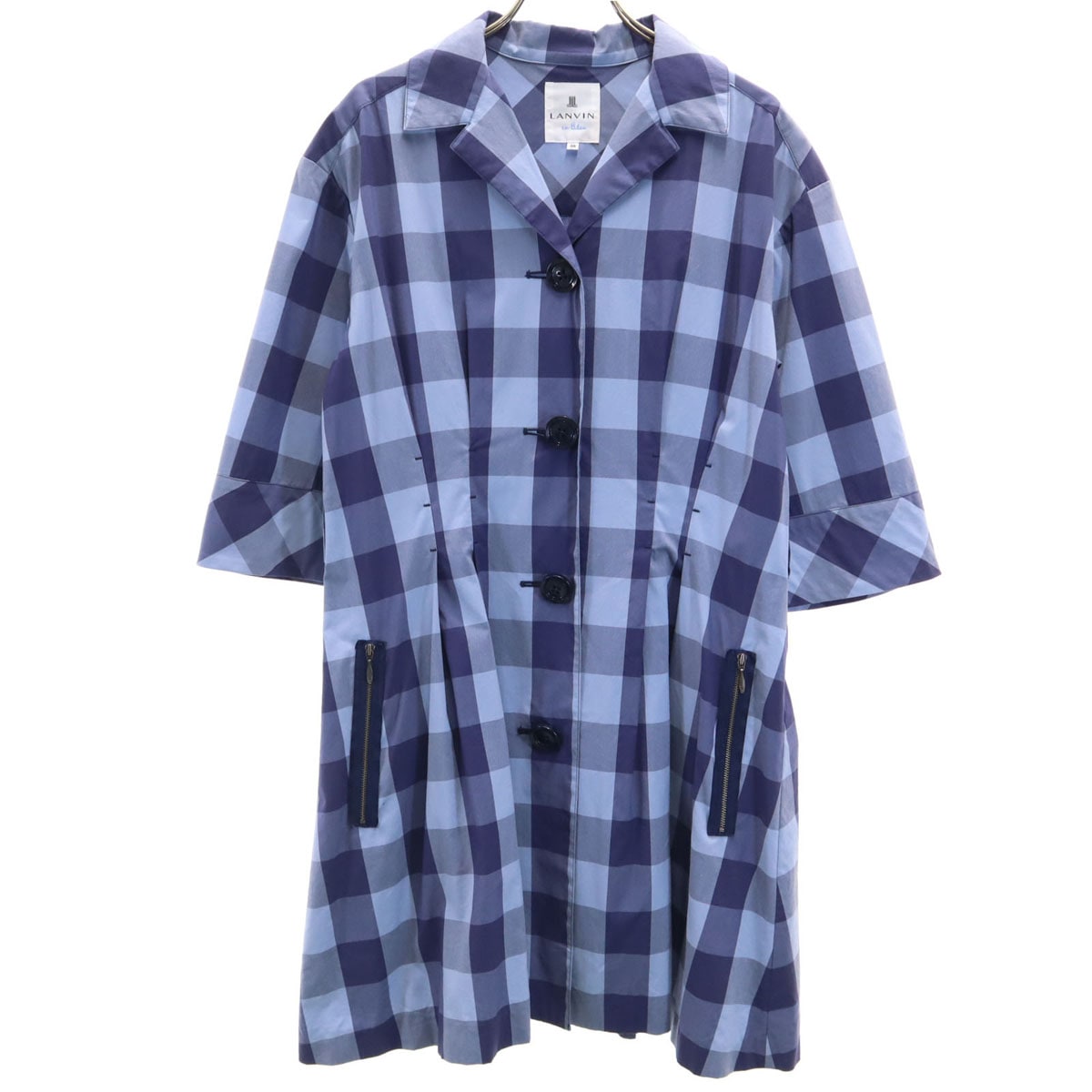 日本製 ギンガムチェック柄 5分袖 オープンカラー ミニ シャツワンピース 38 ブルー系 レディース 古着