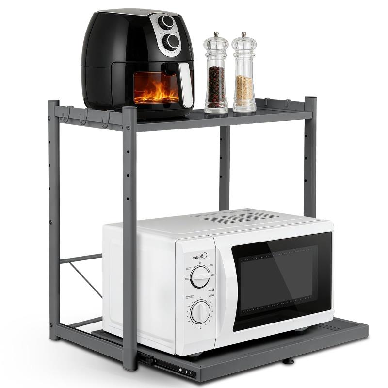 電子レンジラック 炊飯器ラック 下引き出し式トレイ 単層耐荷重 20KG 卓上キッチン収納（37から55cm）奥高さ調整可能 2段式 6枚フックあり 炭鋼素材 卓上向け 炊飯器・レンジ・対応 キッチン