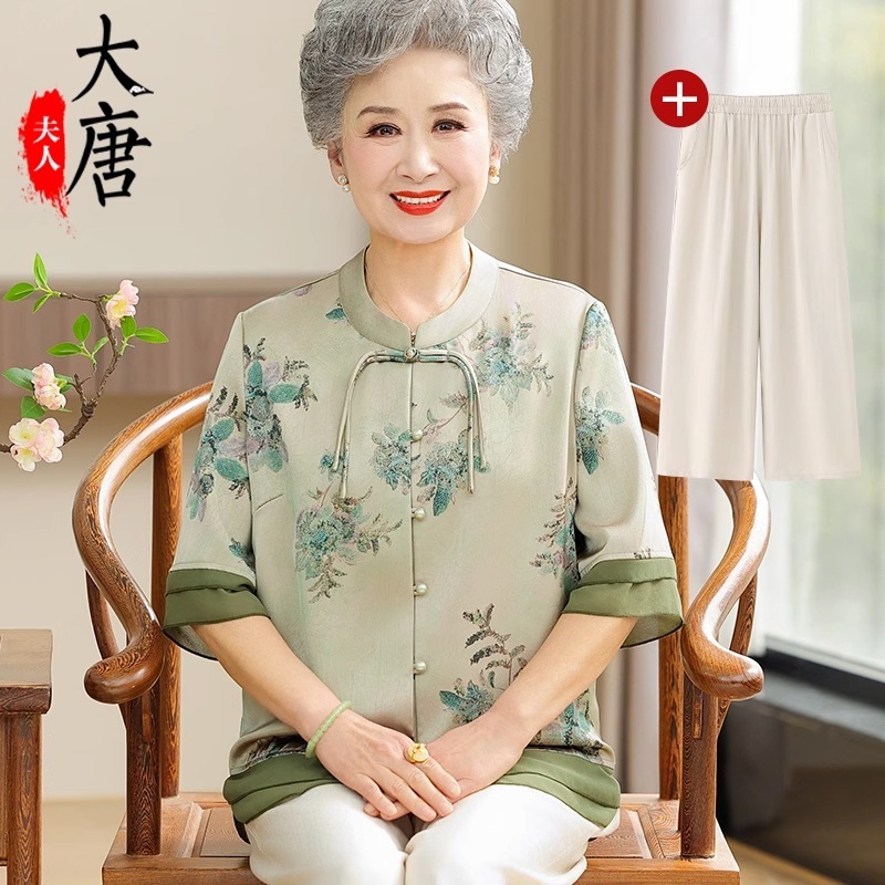 おばあちゃんの夏用シャツ新しい中華風デザインの母親用シャツ中高年女性向けの服