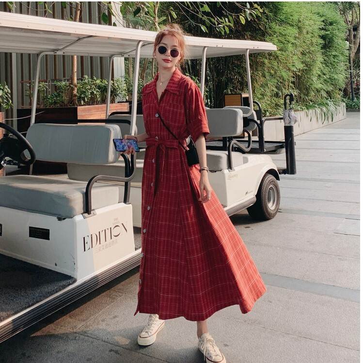 ワンピース シャツ フレアスカート ウエストベルト シャツワンピース Aライン チェック柄 マキシ マキシ丈 袖あり 長袖 Vネック 襟付き ウエストマーク かわいい 大人可愛い きれいめ シンプル