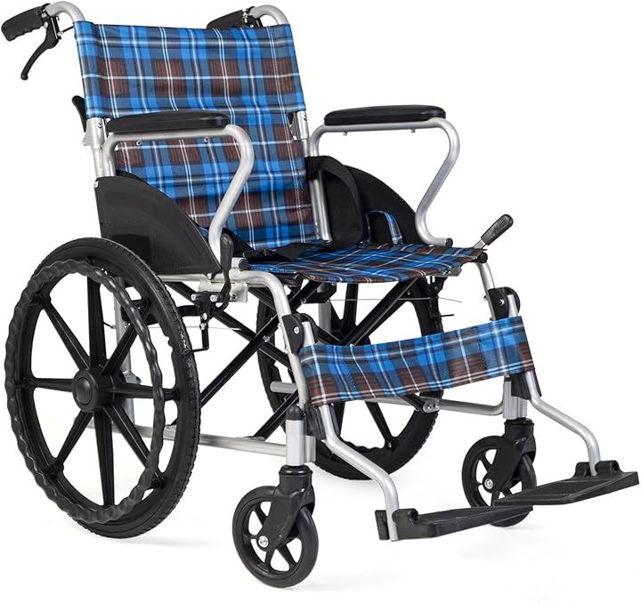 車椅子 自走式 介助式 兼用 アルミ製 軽量 折り畳み コンパクト 車イス 背折れタイプ 折りたたみ式 簡易 軽量車椅子 20インチ ノーパンクタイヤ 組み立て不要(青＆赤チェック柄)