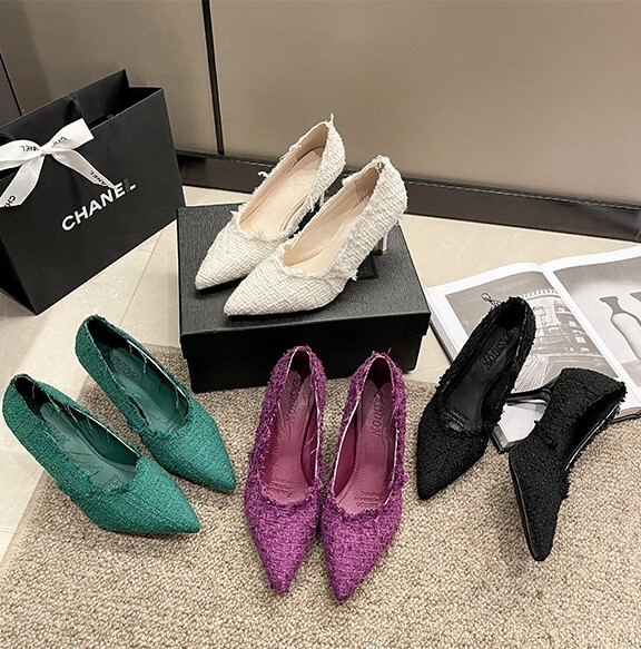 パンプス ツイード風 ダメージ 6cmヒール オルチャン カラバリ ホワイト ブラック グリーン パープル 白 黒 緑 紫 韓国 歩きやすい 存在感 レディースシューズ カジュアル 痛くない