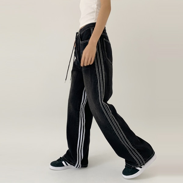 韓国ファッション ステッチ 配色 トラック 黒青 ワイド デニム パンツ