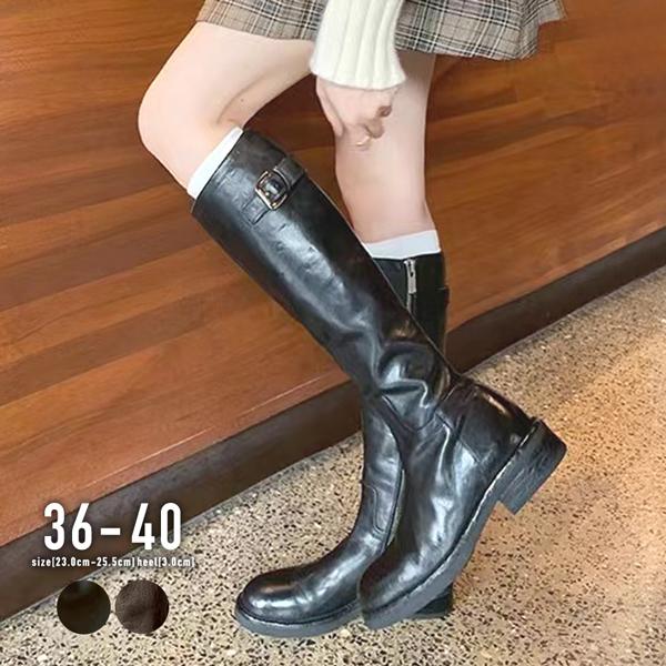 ロングブーツ レザー風 バックル ウォッシュ加工 ブラック ブラウン おしゃれ トレンド 上品 カジュアル / ウォッシュドレザー風サイドバックルブーツ