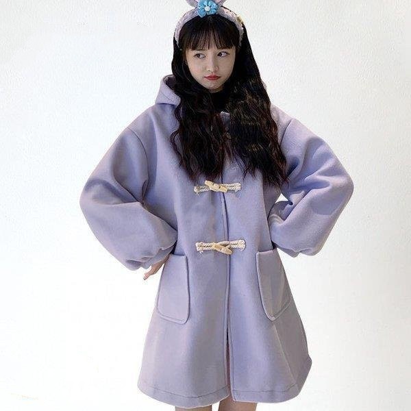 ダッフルコート レディース ロングコート フード付き コート ラシャ調 長袖 ボリュームスリーブ ポ