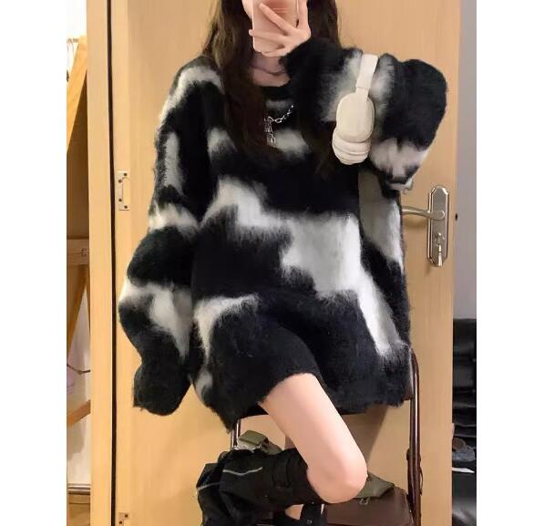 怠惰風 セーター 長袖ブラウス コントラストカラー セーター ゆったり ラウンドネック ニットカーディガン 個性的 あたたまること