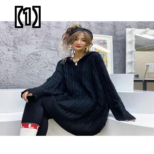 ニットワンピース レディース 秋冬 おしゃれ ルーズ ドレス ヨーロッパ 2022 ミドル丈 厚手 ツイスト フード付き セーター 黒 キャメル