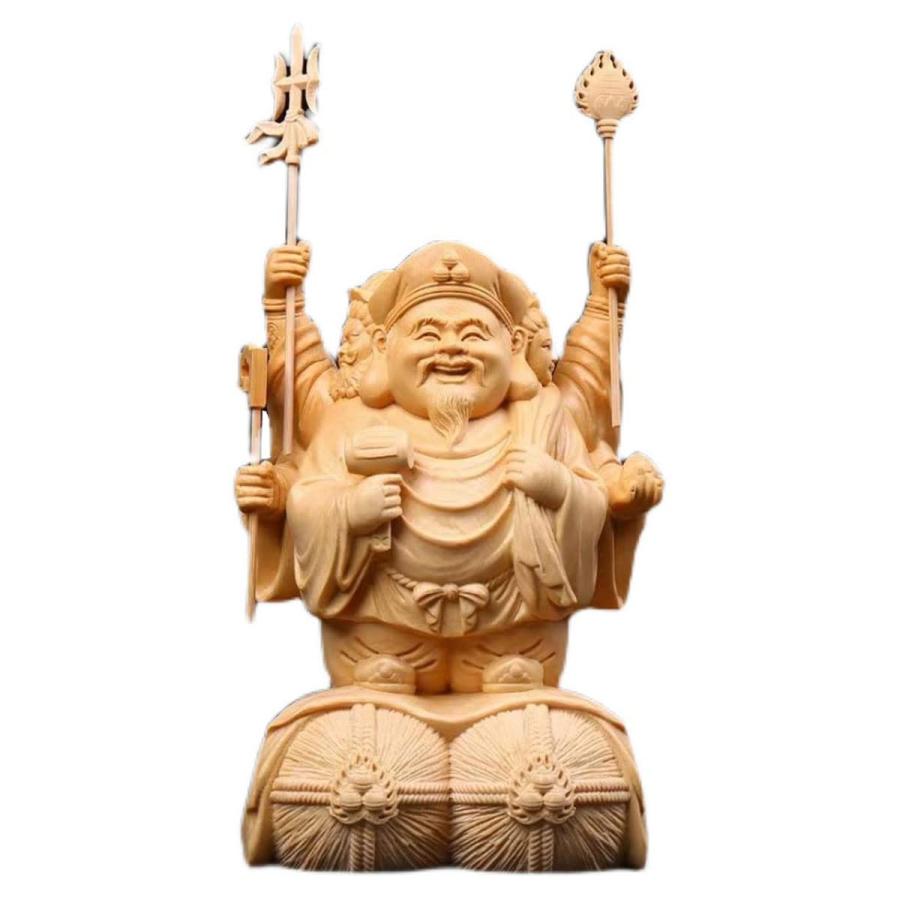 木彫り 仏像 開運招福 三面大黒天 高さ18cm 桧木製高級木彫り 仏像 フィギュア 七福神 置物 出世・必勝の守り神・商売繁盛・厄除け(Color:原木)