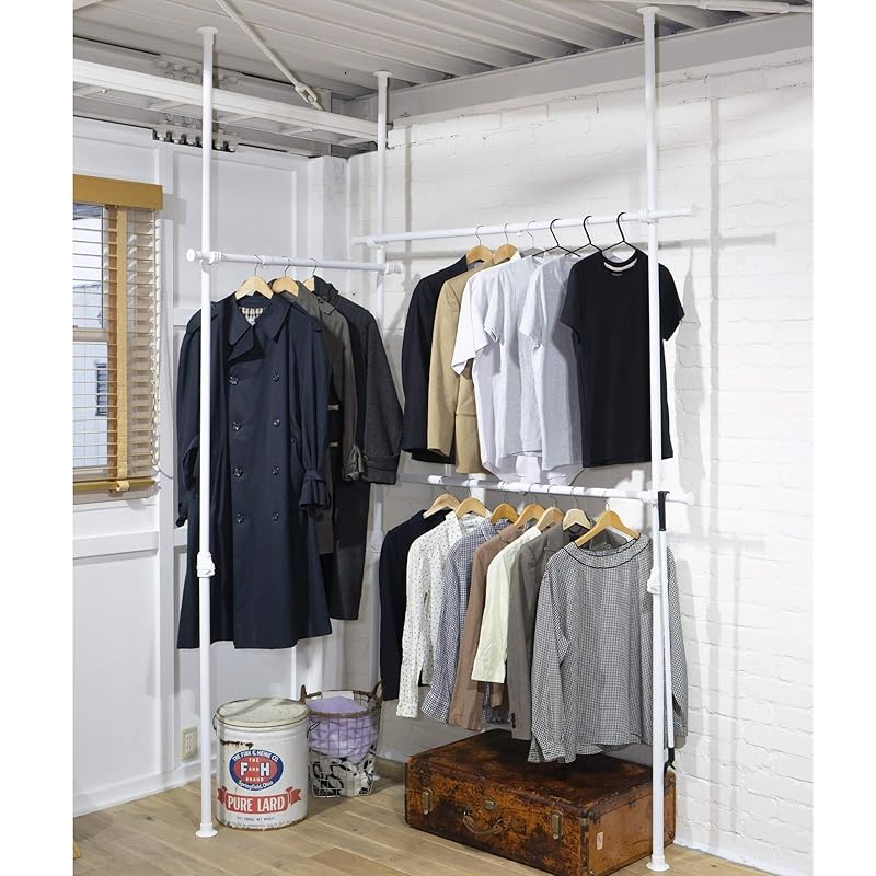 【即納】[山善] 突っ張り ラック ポールハンガー ハンガーラック 全体耐荷重90kg シャツ最大135着 ひっかけ棒付き ワンタッチ突っ張り (実用新案取得済) 縦横伸縮 (幅160-292cm/高