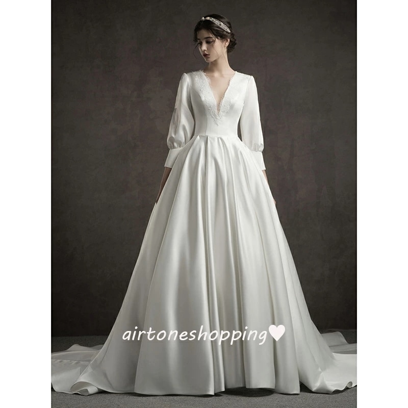 ウェディングドレス 二次会ドレス 白 サテン レース Vネック セクシー 結婚式ドレス トレーンドレス 二次会 パフスリーブ 可愛い ホワイトドレス ウェディング ドレス ロング Aライン 優雅 エレ 9,148円
