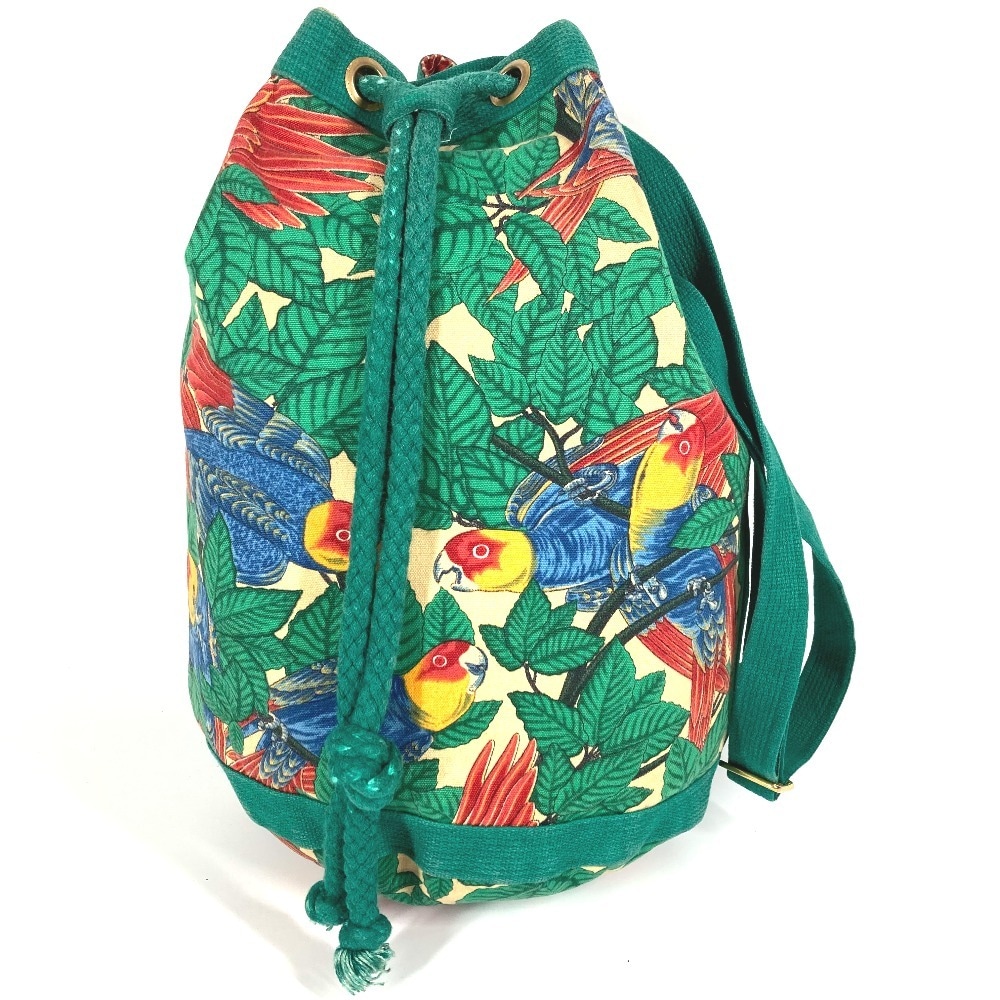 ショルダーバッグ 鳥柄 ヴィンテージ カバン 肩掛け 巾着バッグ コットン グリーン