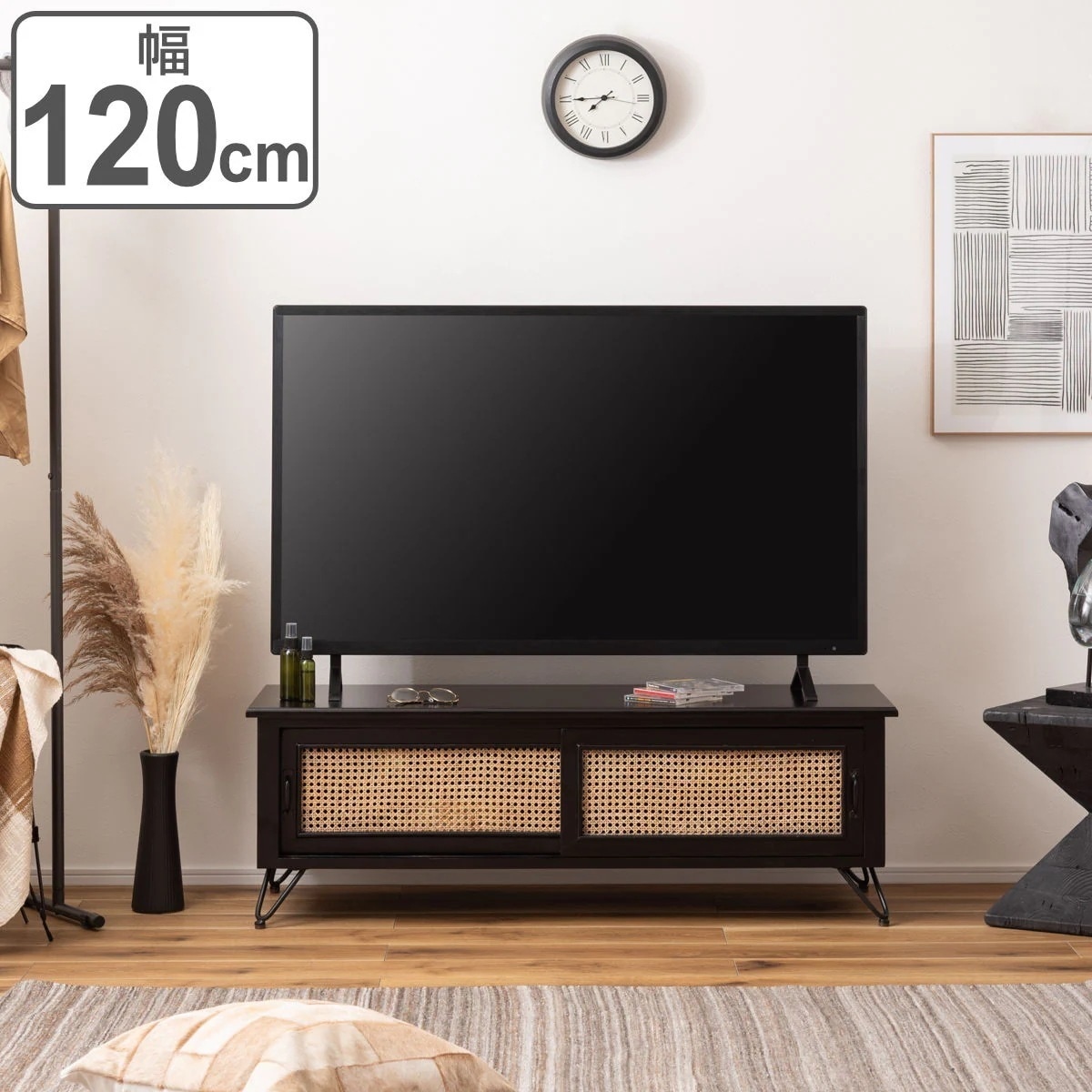 TVボード エスニック調 ラタン張り 幅120cm TV台 収納 家具 天然木 ラタン 籐 テレビラック テレビ テレビ台 リビング収納 ブラック アジアン家具 木製