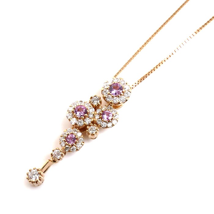 K18PG ピンクゴールド ピンクサファイア ネックレス ピンクサファイア0.25ct ダイヤモンド0.45ct 4.6g -45cm フリーチェーン レディース 中古