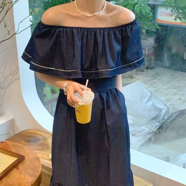 2A44 デニムワンピース デニム ロングワンピース オフショルダー 肩出し レディース オフショル ワンピ フリル ドレス 半袖 ハイウエスト 韓国ファッション Aライン