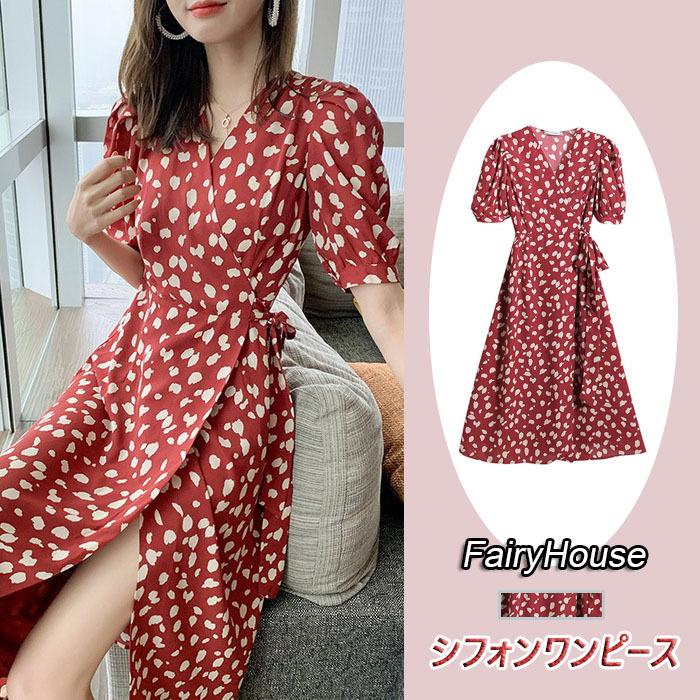 ワンピース レディース 膝丈ワンピース 春夏 半袖ワンピース パフスリーブ きれいめシフォンAラインスカート オシャレ 韓国風 お出かけ 大人可愛い 30代
