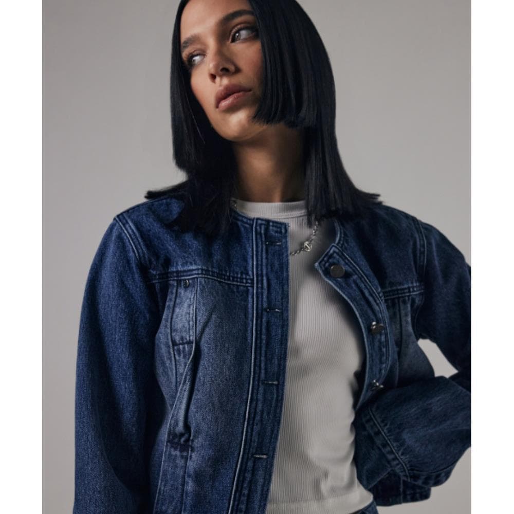 TREEMINGBIRD Twisted Noncollar Denim Setup Jacket Blue