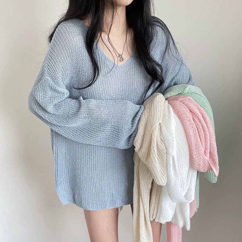 トップス ニットソー セーター 長袖 ドロップショルダー 萌袖 Vネック ストレート Iライン スリット サイドスリット ケーブルニット 編み込み 透け感 ニット サマーニット 薄手 かわいい