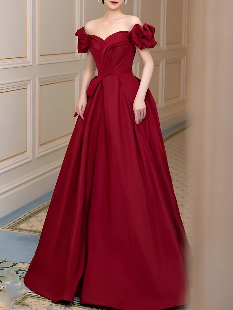 プリンセスウェア花嫁2025バーガンディ婚約ドレショルダーハイレベルスリム