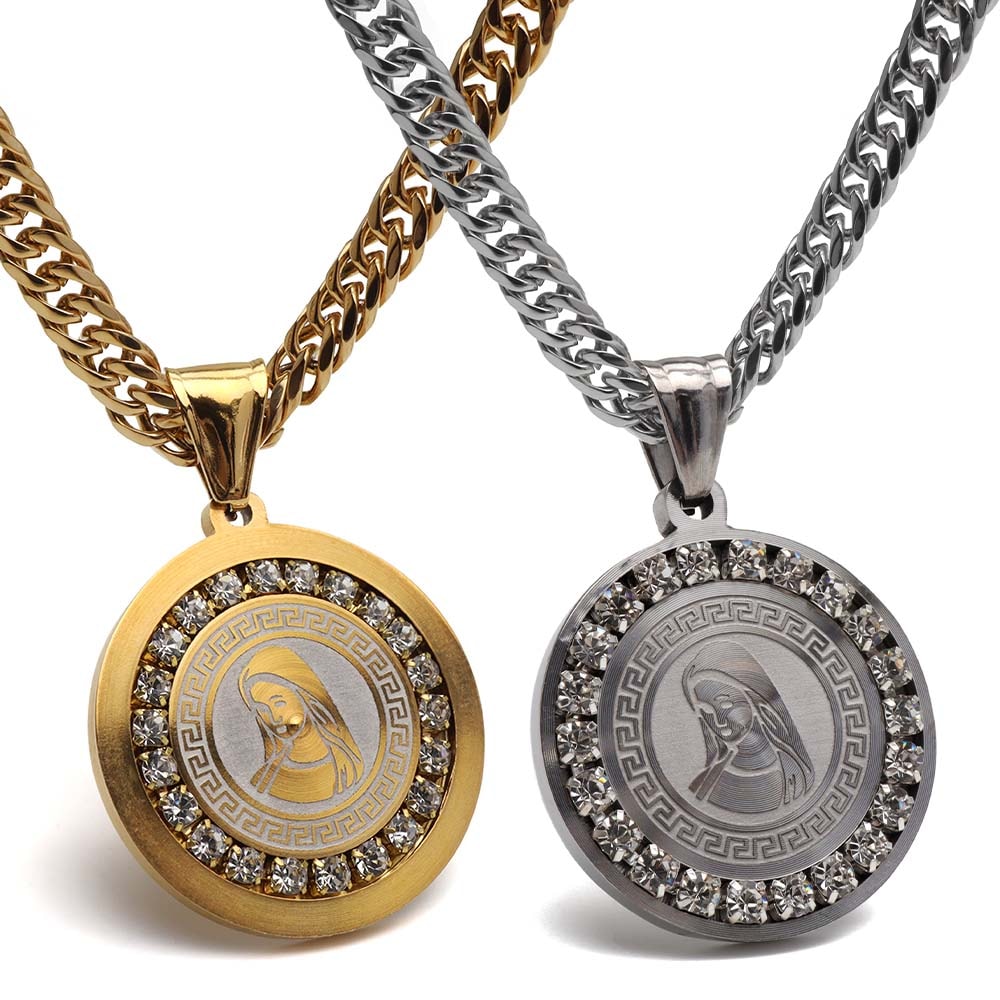 ステンレス 小粒ストーンが豪華なメダイネックレス 2色 2サイズ [n1181]