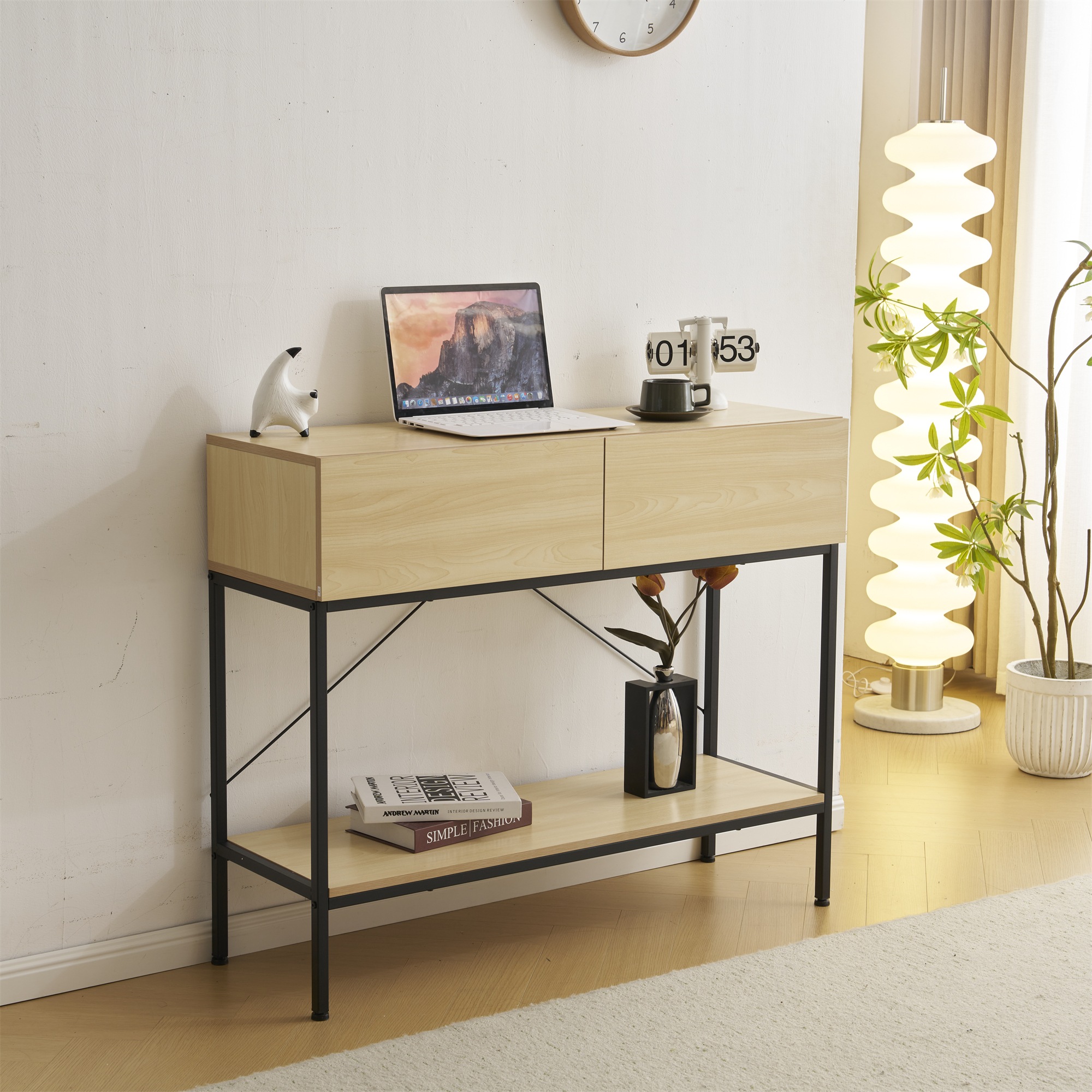 【大好評！最安値挑戦!】【ナチュラル】コンソールテーブル 玄関 スリム 省スペース 棚 ラック 木目調 スチール スタンド マスク置き 小物 消毒 鍵 除菌スプレー エントランス 台 シンプル 引き出