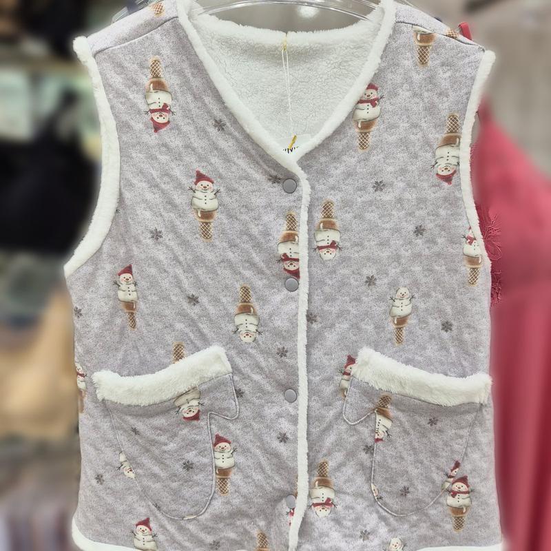 三重織り雪だるまプリントボア裏地リバーシブルベスト/EZ1959