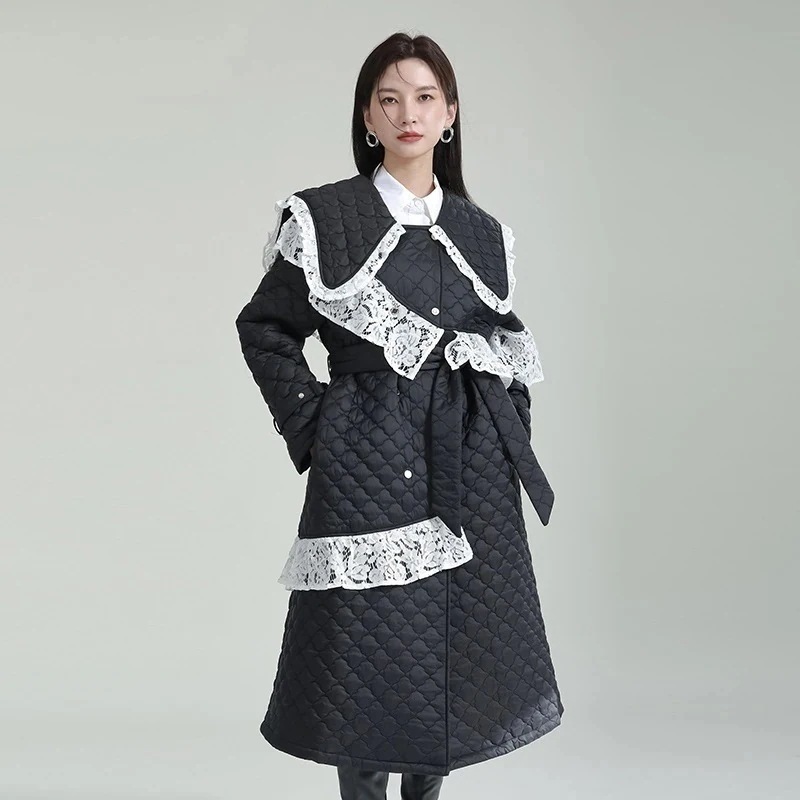 【J.Fashion】 春 ロング丈 中綿コート カーディガン キルティング レース飾り 可愛い レディース アウター メガ割30%までに制限