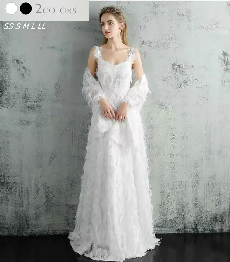 今だけ！2色 WeddingDress キャミソール ウェディングドレス フェザー ワンピース ウエディングドレス カラードレス 花嫁ドレス 袖なし ウェディング ウエディング ファスナー スレンダー