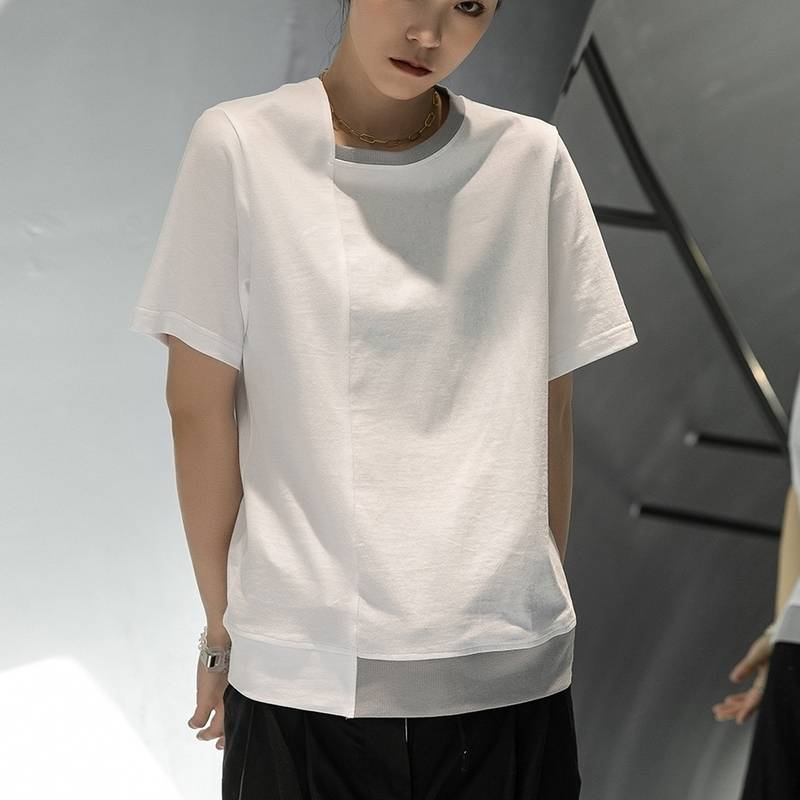 Tシャツ カットソー トップス バイカラー アシンメトリー 切り替えデザイン クルーネック 半袖 ホワイト 伸縮性 リラックス シンプル カジュアル 大人女子 かっこいい かわいい モダン モード ク