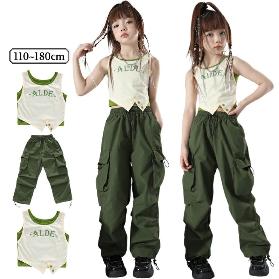 [新品入荷]チアダンス キッズダンス 応援団 kpop キッズ 子供服 長袖 チアガール ダンスウェア ステージ衣装 jazz 上下 ダンス衣装 ジャズダンス 演出服 女の子 グリーン