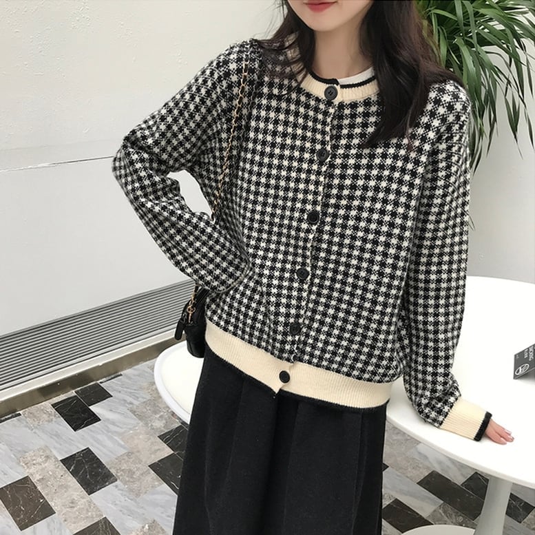 レディース ギンガムチェックカーディガン ニットカーディガン クルーネック 長袖 30 5,087円