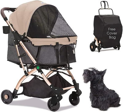 他サイト： ペットカート バギー 4輪 小型犬 中型犬 猫 ペットキャリー 介護用カート(ベージュ+グレー)の商品画像