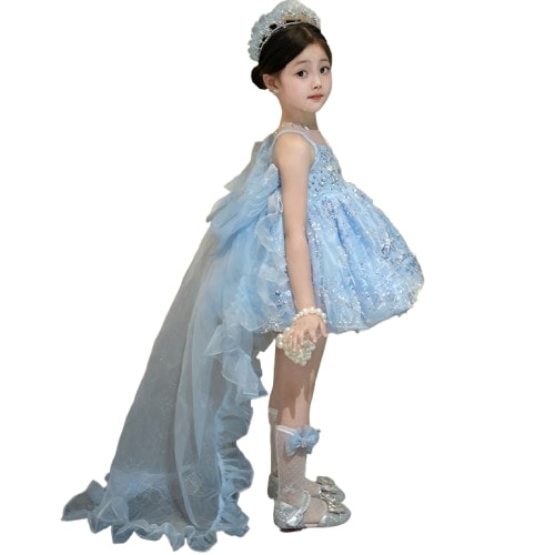 女の子プリンセスドレス - 舞台演出用ワンピース ふんわりパフスリーブドレス 可愛らしさと優雅さを兼ね備えたデザインで舞台の主役もお誕生日のプリンセスもこの一枚で輝くことができます