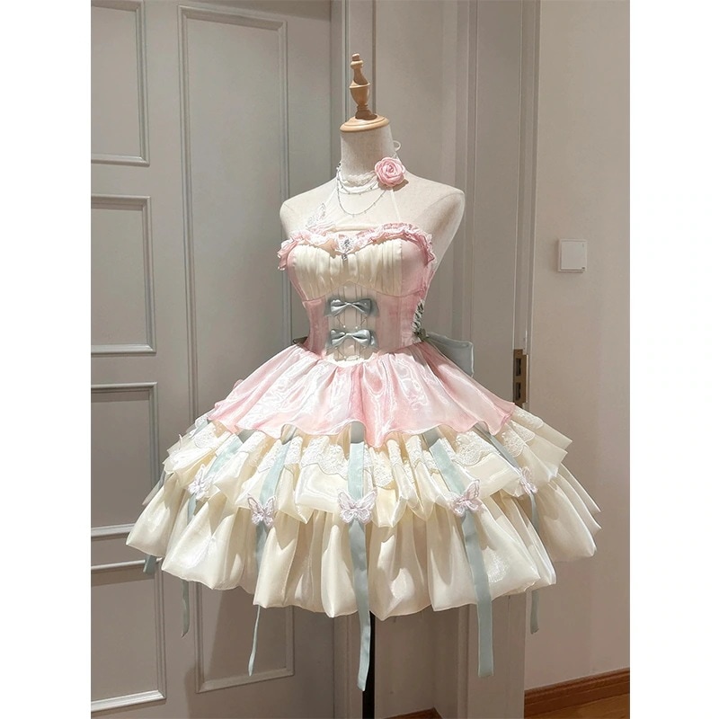 スイートアプリコットピンクロリータプリンセスプリンセスドレスサマーホルターネックストラップロリータショートスカートドレス