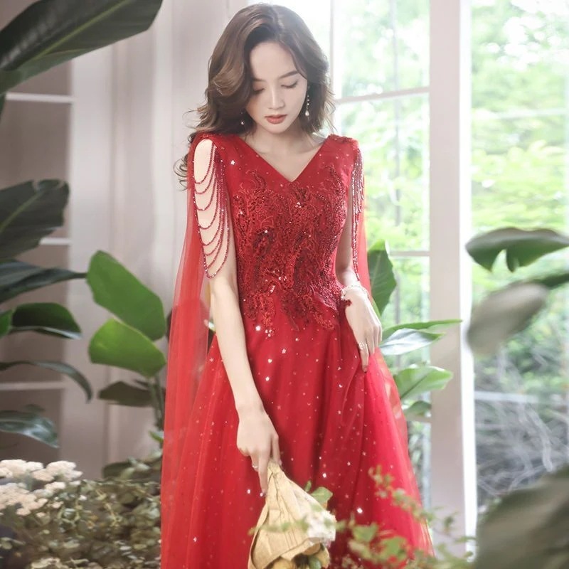 ウェアブライダルイブニングドレス2025女性婚約宴会ホームカジュアルアームカバースカートロングエレガントな気質