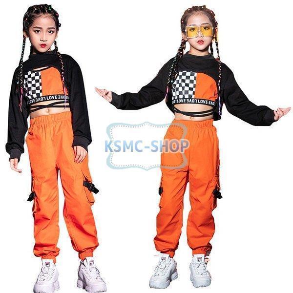 ヒップホップ キッズ ダンス 衣装 女の子 派手 セットアップ ガールズ チアガール チェック柄 トップス パンツ ベスト ヘソ出し