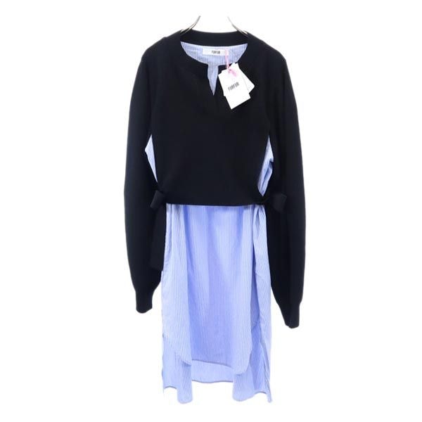未使用 ストライプ 長袖 ニット切替 ワンピース F 黒×ブルー レディース
