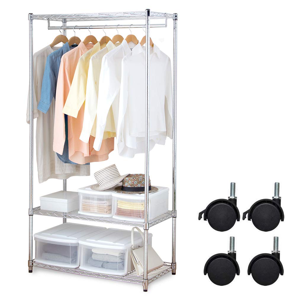 アイリスオーヤマ メタルラック本体 ワードローブ 3段 キャスター付 ポール径25mm 幅91×奥行46×高さ178.5cm メタルシェルフ メタルシェルフ クロムメッキ SEW-913E 6,655円