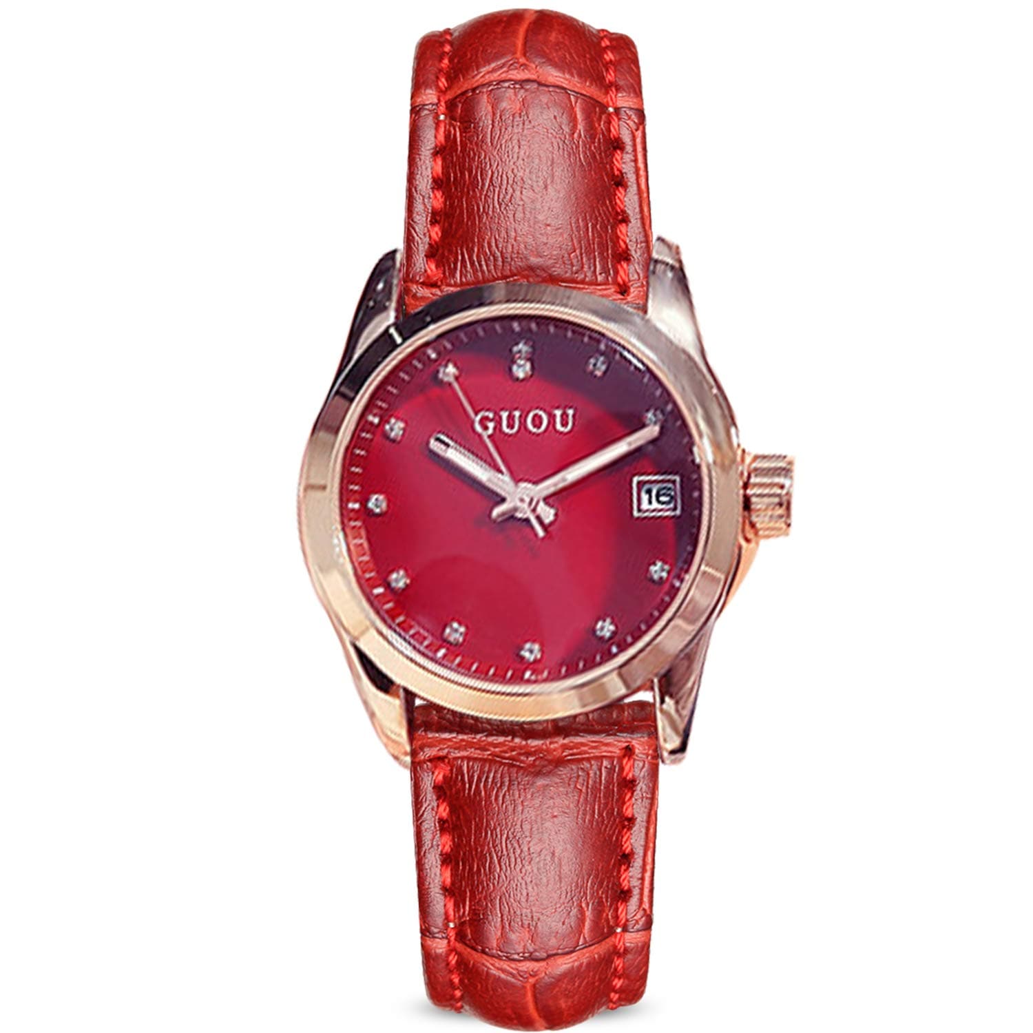 RORIOS 腕時計 女の子 クリスタル キラキラ エレガント 可愛い 防水 クォーツ アナログ表示 防水 ベルトタイプ 本革 ウォッチ watch for women 赤