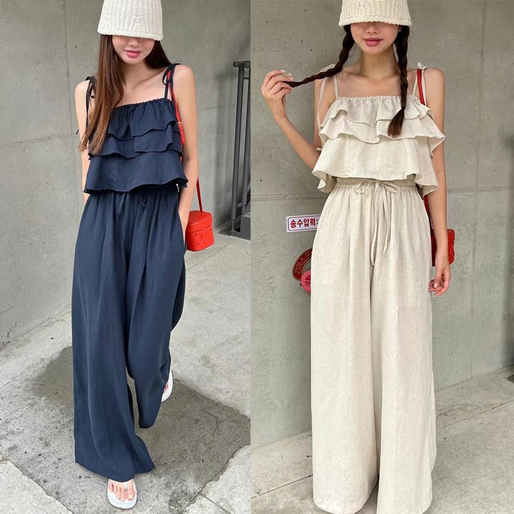 【急速出荷!】セットアップ レディース上下 オールインワン セパレート キャミソール 段フリル 肩リボン ワイドパンツ ワイドレッグパンツ ネイビー ベージュ おしゃれ カジュアル リゾート 夏