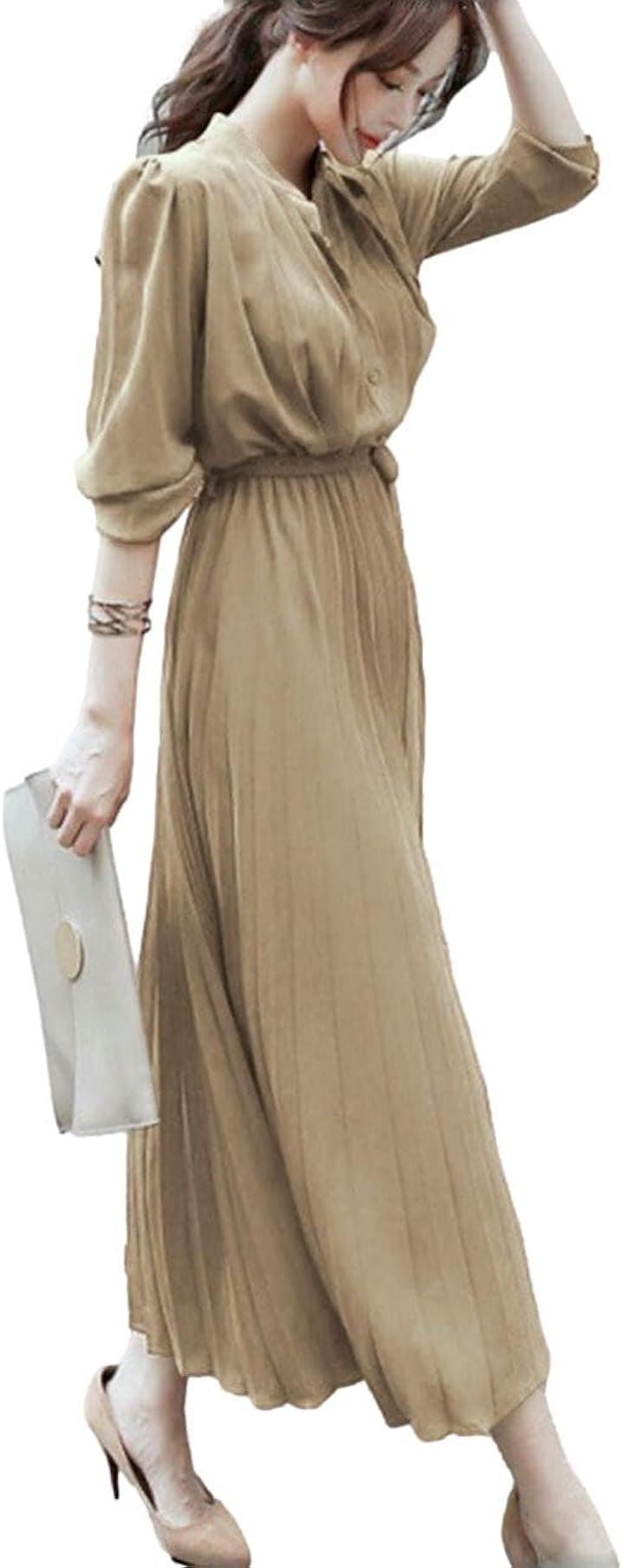 ブルーベリル シフォンワンピース ロング プリーツ レディース 長袖 ハイウエスト ウエストリボン フレア 春 秋 BB054(ベージュ, L) 5,681円