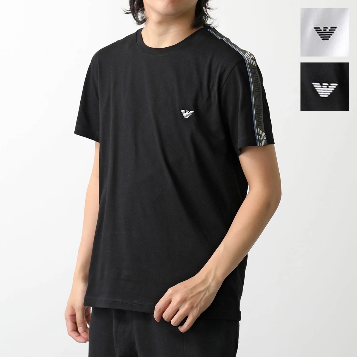 新品 エンポリオアルマーニ 光沢ロゴ刺繍 ロゴ総柄 Tシャツ Ｍサイズ 黒 エンポリオアルマーニ刺繍ロゴTシャツ