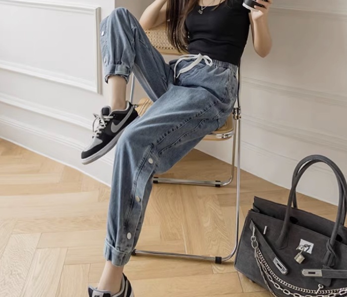レディース パンツ ボトムス デニム Gパン ジョガーパンツ デニムパンツ アンクル丈 ストレート ウエストリボン ウエストゴム ブルーデニム 大人可愛い シンプル カジュアル おしゃれ かっこいい