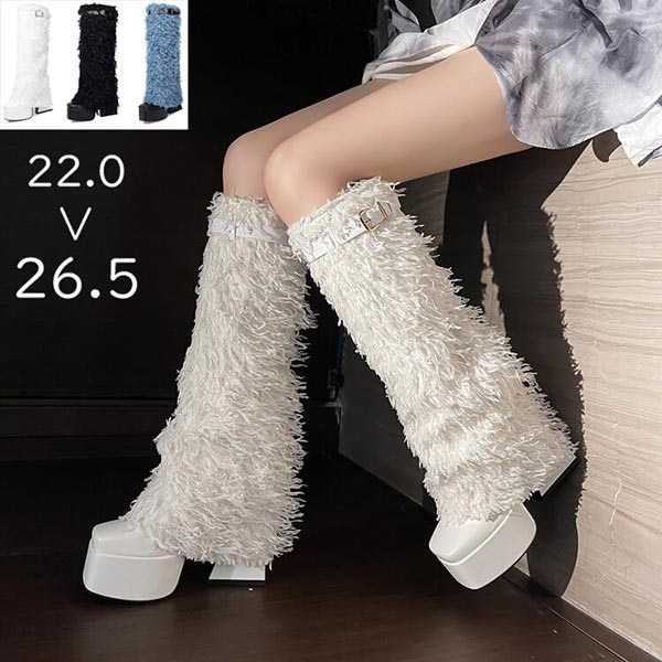 ロングブーツ レディース 厚底 太ヒール ふわふわ もこもこ ヒール14センチ 大きいサイズ 美足 ボア有り おしゃれ ファッション 秋 冬 暖かい 韓国 白 黒 青 可愛い 舞台 イベント パーティ