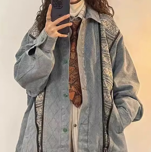 レディース ジャケット アウター デニム 長袖 襟付き 角襟 ストリート ポケット 前開き カジュアル おしゃれ かっこいい エスニック エキゾチック こなれ感 ラフ メンズライク ボーイッシュ