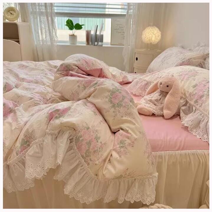 【TIME HOLDER】布団カバーセット 寝具カバーセット 姫系 可愛い 花柄 リーフ レース付き シングル ダブル ベッドスカート 3点セット 4点セット 綿100％ 優しい肌触り 通気性 柔らか