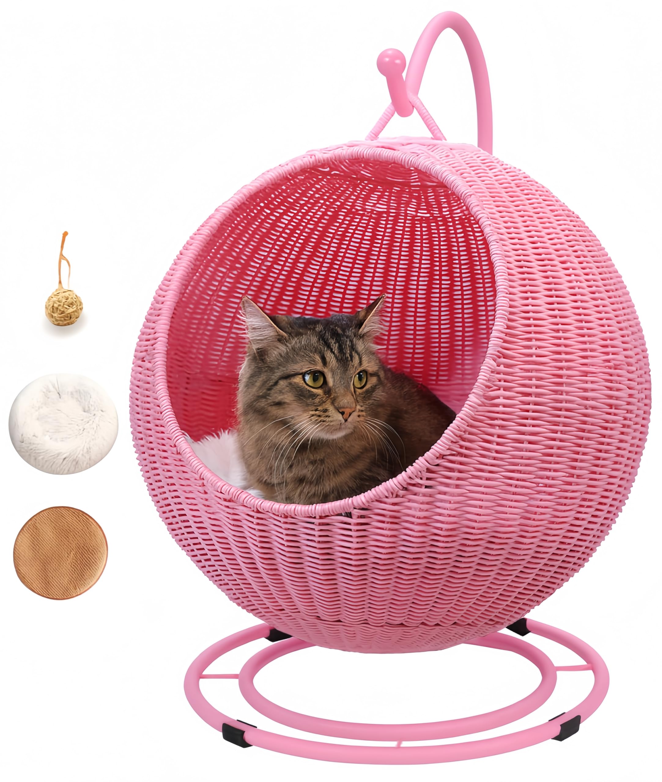 猫ちぐら 編み籠 キャットハウス 猫ベッド 2in1 ドーム型 猫 ハンモック 猫小屋スイング クッションとラタンボール付き プラスチック藤編み 通気性 通年利用 寝台 休憩所 おしゃれ 大型ペット用