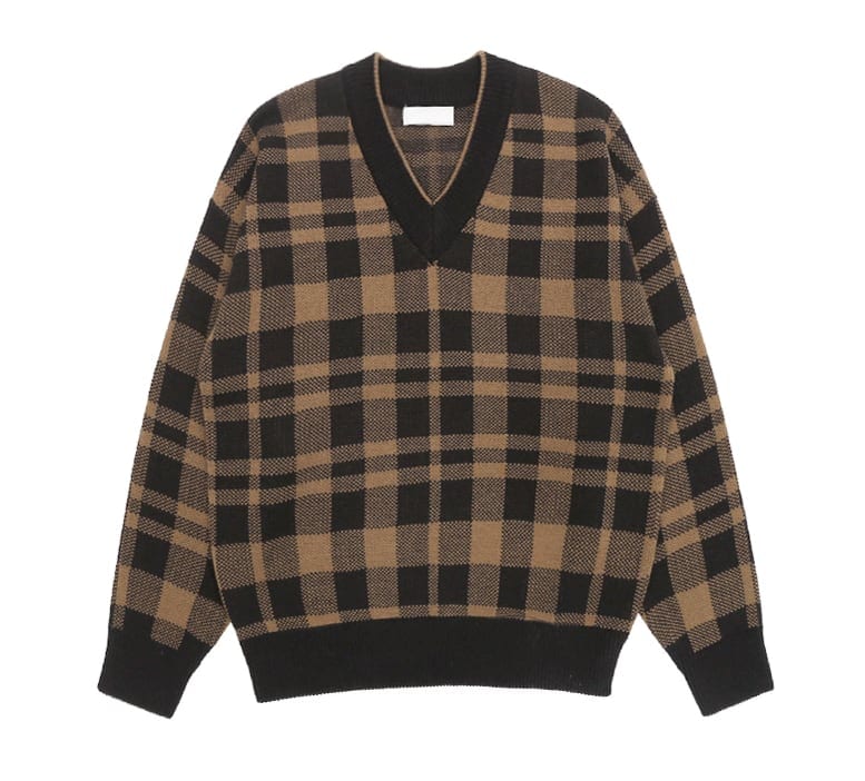 トップス 上着 人気 おすすめ おしゃれ お洒落 安い プチプラ ニット セーター 長袖 ロング Vネック チェック 格子柄 ドロップショルダー 可愛い かわいい 韓国 かっこいい